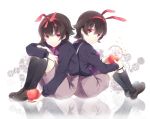  back-to-back black_hair black_legwear food fruit highres mawaru_penguindrum p0ckylo red_eyes reflection shirase_(mawaru_penguindrum) siblings sitting souya_(mawaru_penguindrum) twins 