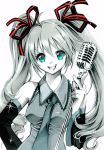  detached_sleeves green_eyes green_hair hair_ribbon hatsune_miku highres microphone microphone_stand nashi_juni necktie open_mouth pointing ribbon simple_background smile solo twintails vocaloid white_background 