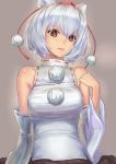  absurdres bare_shoulders bob_cut breasts detached_sleeves face grey_background hat highres inubashiri_momiji jinyuan712 lips parted_lips pink_eyes pom_pom_(clothes) pom_pom_(clothing) red_eyes shiny shiny_hair short_hair silver_hair simple_background sleeveless sleeveless_turtleneck solo tokin_hat touhou turtleneck white_hair 
