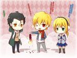  2boys ahoge alternate_costume black_hair blonde_hair boots casual chibi coat covering_ears dress earmuffs earrings fate/stay_night fate/zero fate_(series) firecrackers gilgamesh green_eyes jewelry lancer_(fate/zero) mole multiple_boys red_eyes saber scarf short_hair sparkle translation_request wink xinya 