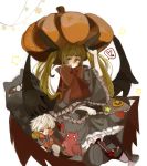  blazblue blonde_hair boots candy character_doll fork frills gii gothic_lolita heel-less_shoes lolita_fashion lollipop nago pumpkin purintowswsp rachel_alucard ragna_the_bloodedge red_eyes solo twintails 