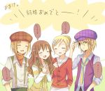  2girls ash_(harvest_moon) blonde_hair blush brown_hair closed_eyes eyes_closed green_eyes harvest_moon harvest_moon:_the_tale_of_two_towns harvest_moon_twin_villages hat kamil_(harvest_moon) lia_(harvest_moon) long_hair mini_mamu multiple_boys multiple_girls open_mouth raspberry_(harvest_moon) short_hair smile translated translation_request 