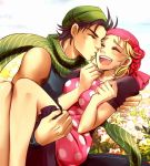  1girl bandana bandanna blonde_hair carrying closed_eyes couple eyes_closed flower_field happy jojo_no_kimyou_na_bouken joseph_joestar joseph_joestar_(young) kiss polka_dot princess_carry scarf sleeveless suzi_quatro sweetblossom wristband 