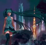  cityscape floating_hair green_hair hatsune_miku headset long_hair necktie reise skirt solo thigh-highs thighhighs twintails very_long_hair vocaloid 