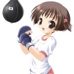  :d artist_request boxing boxing_gloves brown_eyes brown_hair fang highres open_mouth punching_bag short_hair side_ponytail smile 