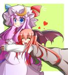  :d :o ^_^ bat_wings blue_eyes blush closed_eyes crescent dress dress_shirt ehimedaisuki eyes_closed glomp green_background hair_ribbon happy hat head_wings heart hug hug_from_behind koakuma long_hair long_sleeves multiple_girls necktie open_mouth patchouli_knowledge payot purple_hair red_hair redhead ribbon shirt simple_background skirt skirt_set sleeves_past_wrists smile the_embodiment_of_scarlet_devil touhou very_long_hair vest wings 