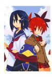  absurdres asagiri_asagi black_eyes black_hair blazer bow cloud disgaea earrings etna fang gakuran hair_between_eyes hair_ornament hairclip hand_on_own_chest harada_takehito highres jewelry looking_at_viewer makai_senki_disgaea multiple_girls nippon_ichi plaid plaid_skirt pleated_skirt pointy_ears prinny red_eyes red_hair red_scarf redhead scarf school_uniform serafuku short_twintails skirt skull sky smile sweatdrop twintails 