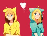  1boy 1girl :t ahoge animal_hood bandaid blonde_hair blue_eyes blush brother_and_sister crying crying_with_eyes_open grin hair_ornament hairclip heart hood hoodie kagamine_len kagamine_rin short_hair siblings smile tears twins vocaloid zipper 