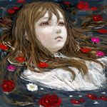 brown_eyes brown_hair face flower hamlet lips long_hair ophelia_(shakespeare) partially_submerged petals pon red_rose rose solo water 