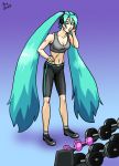  1girl aqua_hair hand_on_headphones hatsune_miku headphones highres long_hair midriff shorts sports_bra swemu twintails vocaloid weights 