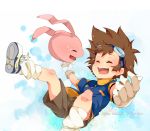  brown_hair closed_eyes creature digimon digimon_adventure eyes_closed falling footwear friends gloves goggles happy highres koromon laughing male open_mouth outstretched_arms shoes socks tears title_drop umiko_(munemiu) white_gloves white_legwear yagami_taichi 