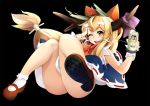  ass beer black_background blonde_hair can fake_eyebrows fake_mustache horns ibuki_suika kaenbyou_rin long_hair looking_at_viewer mary_janes open_mouth shoes socks solo topo_bevitore touhou white_legwear wink yellow_eyes 
