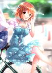  1boy 1girl :d bicycle bow breasts brown_eyes brown_hair cleavage frills hair_bow hataraku_maou-sama! highres large_breasts open_mouth sasaki_chiho short_hair smile solo_focus swordsouls 