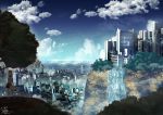  1girl absurdres animal_ears arms_at_sides artist_name blue_sky cityscape clouds dated day facing_away from_behind highres huge_filesize kemono_friends ocean orange_hair outdoors ponta_(matsuokazieg) scenery serval_(kemono_friends) serval_ears serval_tail short_hair signature sky solo tail tree water waterfall 
