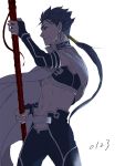  adapted_costume blue_hair cape fate/stay_night fate_(series) gae_bolg kema_mire lancer long_hair male midriff polearm ponytail profile red_eyes simple_background solo spear weapon white_background 
