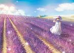  blue_eyes cloud dress field flower_field hand_on_hat hat landscape lavender_(flower) naruse_chisato original scenery short_hair sky smile solo standing sundress 