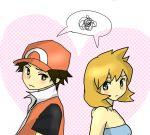  1girl alternate_costume back-to-back blush brown_hair hat heart heart_background kasumi_(pokemon) kasumi_(pokemon)_(hgss) orange_hair pokemon pokemon_(game) pokemon_frlg pokemon_gsc pokemon_hgss pokemon_rgby pokemon_special polka_dot polka_dot_background red_(pokemon) red_(pokemon)_(remake) red_hair redhead squiggle 