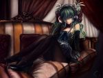  black_legwear blue_eyes butterfly_wings choker cj_man couch curtains detached_sleeves dress flower green_eyes green_hair hair_flower hair_ornament hand_on_headphones hatsune_miku headphones high_heels highres magnet_(vocaloid) pantyhose shoes signature sitting solo vocaloid 