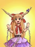  arms_up belt bow brown_eyes chain chains clenched_hands cuffs fangs fist hair_bow hair_ribbon horn_ribbon horns ibuki_suika long_hair looking_at_viewer manacles orange_hair ribbon shirt simple_background skirt sleeveless sleeveless_shirt smile solo teeth touhou wrist_cuffs yellow_background ziaaazi 