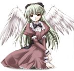  artist_request copyright_request dress green_eyes green_hair kiba_satoshi long_hair ponytail puffy_sleeves white_background wings 