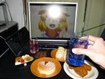  1boy 1girl 2d_dating blonde_hair cake cheesecake computer_keyboard cup dish food fried_chicken glint itsuki_(kisaragi) lonely monitor open_mouth rollcake touhou yakumo_ran 