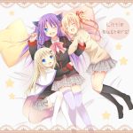  arm_hug blonde_hair blue_eyes blush closed_eyes eyes_closed happy hug kamikita_komari little_busters!! long_hair lying mini_mamu multiple_girls noumi_kudryavka on_back purple_hair ribbon sasasegawa_sasami skirt thigh-highs thighhighs title_drop wince 