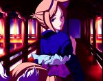  alternate_costume alternate_hairstyle animal_ears blonde_hair blue_eyes dearmybrothers east_asian_architecture fox_ears fox_tail from_behind no_hat no_headwear short_hair smile solo tail touhou yakumo_ran 