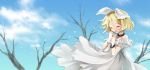  arms_up bad_id blonde_hair blue_sky closed_eyes cloud collar dress eyes_closed hair_ribbon kagamine_rin kona_(canaria) off_shoulder open_mouth ribbon shackle short_hair sky solo tears tree vocaloid white_dress 