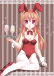  absurdres animal_ears bare_shoulders breasts brown_hair bunny_ears bunny_girl bunnysuit cleavage detached_collar fang glass highres ikeda_yuuki long_hair open_mouth original pantyhose red_eyes solo tray white_legwear wrist_cuffs 