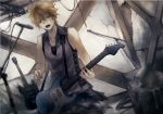  bad_id bare_shoulders blonde_hair guitar instrument kagamine_len male mg_(3458) microphone microphone_stand open_mouth singing solo vocaloid 