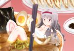  bowl breasts chopsticks cleavage egg food girl_in_food hairband idolmaster in_food kamaboko large_breasts long_hair minigirl murakumo1987 naruto_(food) noodles nori_(seaweed) ramen red_eyes shijou_takane silver_hair smile solo towel 