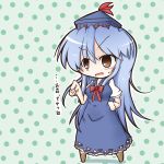  blue_dress blue_hair blush brown_eyes chalk chibi dekasudachin dress hand_on_hip hat hips kamishirasawa_keine long_hair open_mouth solo touhou translated translation_request 