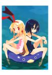  asagiri_asagi back-to-back bare_shoulders barefoot black_eyes black_hair blonde_hair casual_one-piece_swimsuit disgaea earrings fang feet_in_water flonne flonne_(fallen_angel) hair_between_eyes hair_ornament hairband hairclip halterneck harada_takehito highres jewelry long_hair looking_at_viewer makai_senki_disgaea nippon_ichi official_art one-piece_swimsuit open_mouth pointy_ears red_eyes school_swimsuit short_hair smile soaking_feet swimsuit water water_float 