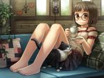  animal barefoot brown_eyes brown_hair cat couch cup feet glasses highres legs namaru_(summer_dandy) original pillow saucer short_hair sitting smile solo 