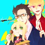  2boys :t adjusting_glasses ahoge bespectacled black_hair blonde_hair casual dango earrings eating fate/zero fate_(series) food food_on_face gilgamesh glasses green_eyes height_difference jewelry lancer_(fate/zero) las_z long_hair male mole multiple_boys payot ponytail red_eyes saber short_hair sweat v wagashi yellow_eyes 