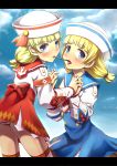  blonde_hair blue_eyes dixie_cup_hat hat highres holding_hands letterboxed looking_at_viewer monster_hunter monster_hunter_3_g mouth_hold multiple_girls open_mouth panties pocky pocky_kiss receptionist_(monster_hunter_3_g) sailor sailor_hat saliva shared_food skirt striped striped_panties thighhighs underwear 