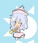  blue_background blue_eyes blush_stickers chibi dress hat instrument long_sleeves looking_at_viewer merlin_prismriver on_one_leg open_mouth senba_chidori simple_background solo standing_on_one_leg sun touhou trumpet white_hair wink 