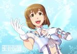  bolero brown_eyes brown_hair cropped_jacket elbow_gloves gloves hagiwara_yukiho halo hand_on_own_chest idol idolmaster lookin_up looking_up midriff open_mouth sat short_hair smile solo wings 