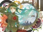  1girl anzu_(astro75) city flower green_eyes green_hair hand_on_head hat hatsune_miku long_hair peaked_cap solo twintails vocaloid 