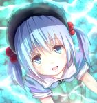  barefoot blue_eyes blue_hair breasts canae0 dress face from_above hair_bobbles hair_ornament hat kawashiro_nitori key short_hair sitting smile solo touhou twintails wariza water 