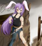  animal_ears bandaid barbed_wire blood bunny_ears cigarette contemporary gun injury long_hair purple_hair red_eyes reisen_udongein_inaba shiromamekei solo torn_clothes touhou very_long_hair weapon 