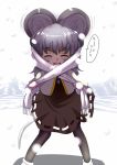  animal_ears black_legwear blush brown_dress closed_eyes dress eyes_closed gem grey_hair happy heart heart_shape ishikkoro jewelry looking_at_viewer mountain mouse_ears mouse_tail nazrin necklace open_mouth pantyhose pendant scarf short_hair smile snow snowing solo tail touhou translated 