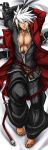  abs bad_id baggy_pants barefoot blazblue dakimakura highres lying male muscle on_back open_clothes open_jacket pectorals ragna_the_bloodedge solo soojie_roh spiked_hair spiky_hair white_hair wink 
