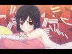  bakemonogatari bandage bandages black_hair blush book brown_eyes kanbaru_suruga letterboxed lying monogatari_(series) nisemonogatari nude on_stomach shiva_(executor) short_hair smile solo 