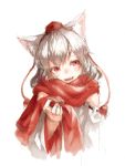  animal_ears bust detached_sleeves fang hat inubashiri_momiji open_mouth red_eyes scarf short_hair sigure_(drizzle) silver_hair simple_background smile solo tokin_hat touhou white_background wolf_ears 