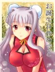  bare_shoulders bent_over breast_squeeze breasts bun_cover china_dress chinese_clothes cleavage cleavage_cutout idolmaster large_breasts long_hair red_eyes ryusei shijou_takane silver_hair solo 