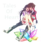  1girl ^_^ black_hair boots brown_hair carrying closed_eyes coat crystal eyes_closed happy is2k331 kohak_hearts long_hair low-tied_long_hair pants princess_carry shing_meteoryte shoes shorts simple_background smile tales_of_(series) tales_of_hearts white_background wink 