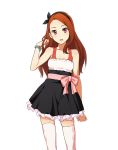  argyle bad_id bare_shoulders bow bracelet brown_eyes brown_hair dress hair_ribbon hand_in_hair idolmaster jewelry looking_at_viewer minase_iori ribbon simple_background solo standing thigh-highs thighhighs white_legwear yuuhi 