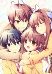  2boys 2girls blue_eyes blue_hair brown_eyes brown_hair cigarette clannad closed_eyes furukawa_akio furukawa_nagisa furukawa_sanae hug long_hair multiple_boys multiple_girls okazaki_tomoya school_uniform short_hair soranagi 