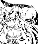  bent_over bow breasts cleavage gap hair_bow hat kamehima large_breasts long_hair monochrome smile solo touhou very_long_hair yakumo_yukari 